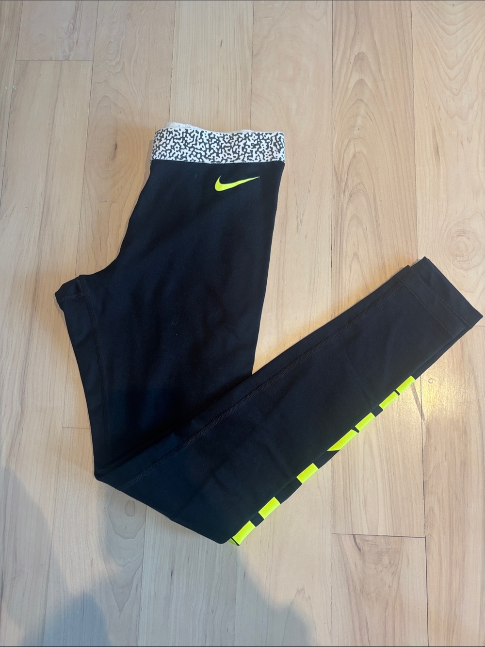 Nike Black Dri-fit Leggings with Neon Yellow “Just Do It” XS